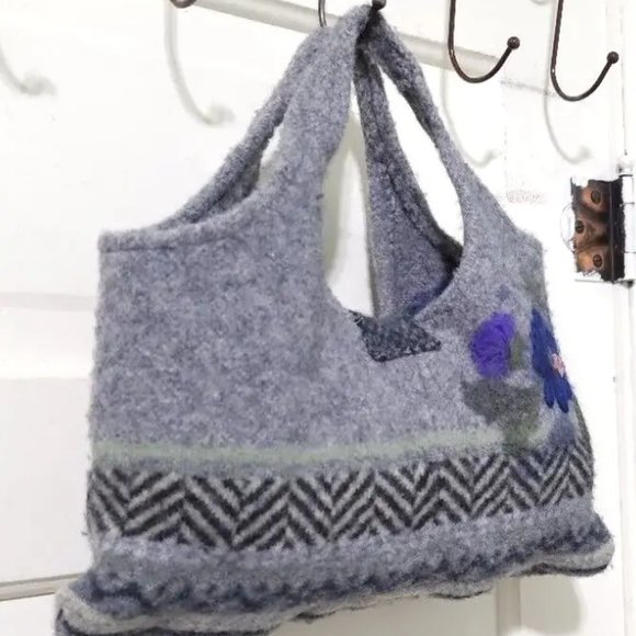 Handmade Gray Purple Felted WOOL Beaded Embroidered Small Hand Bag Tote Purse - Picture 9 of 12